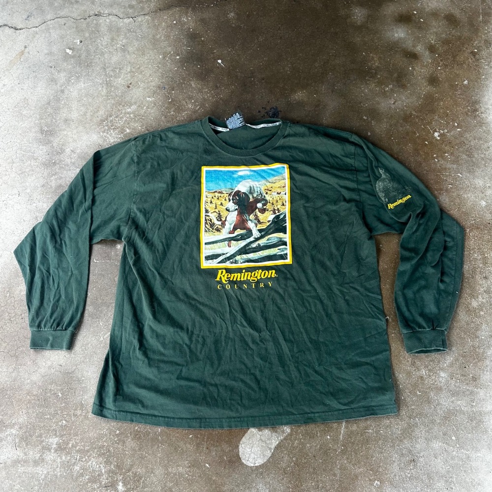 Remington Country Long Sleeve Shirt Mens XL Green Excellent Hunting Dog Graphic